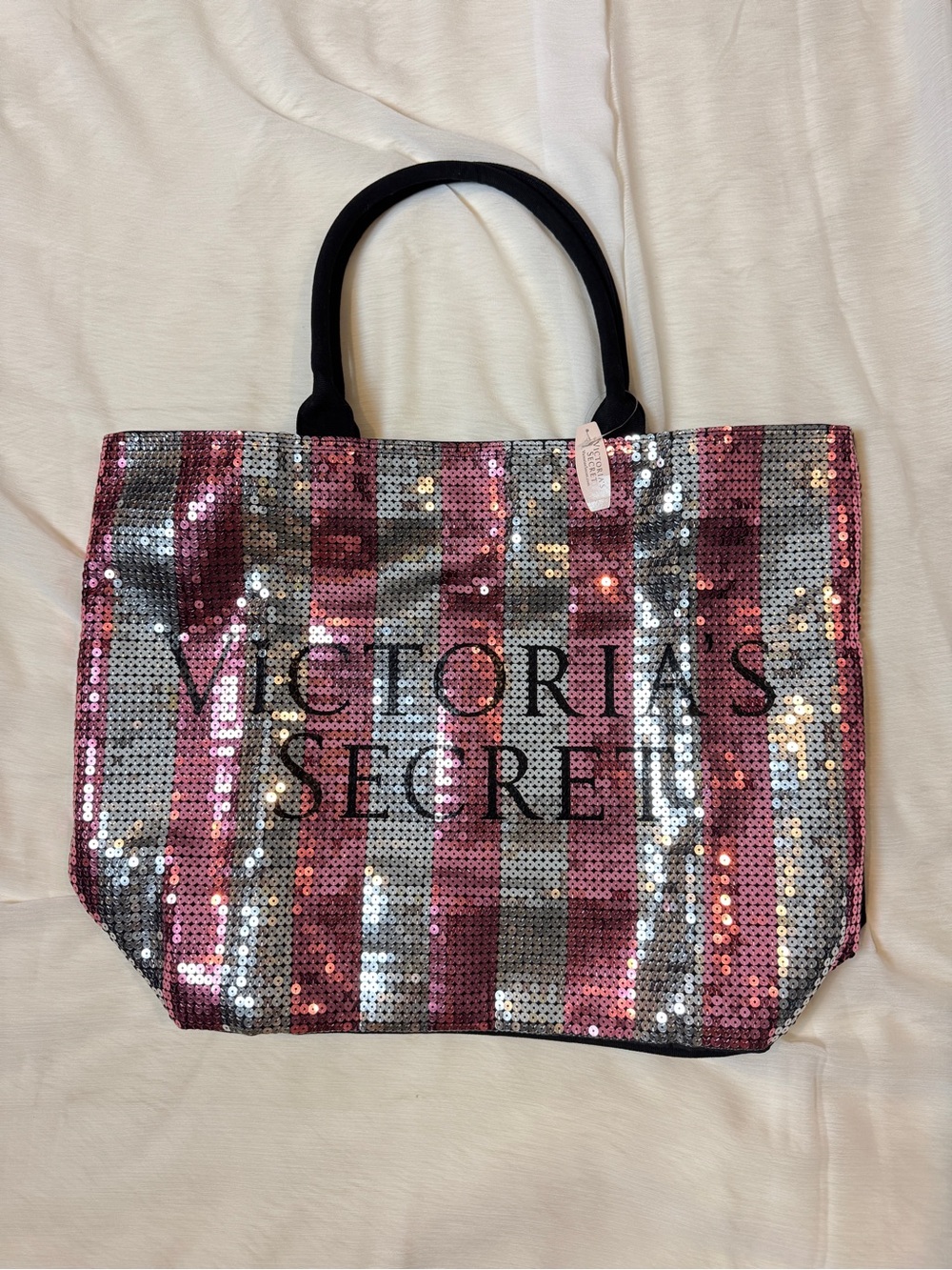 Victoria's Secret Pink and Silver Sequin Stripe Tote